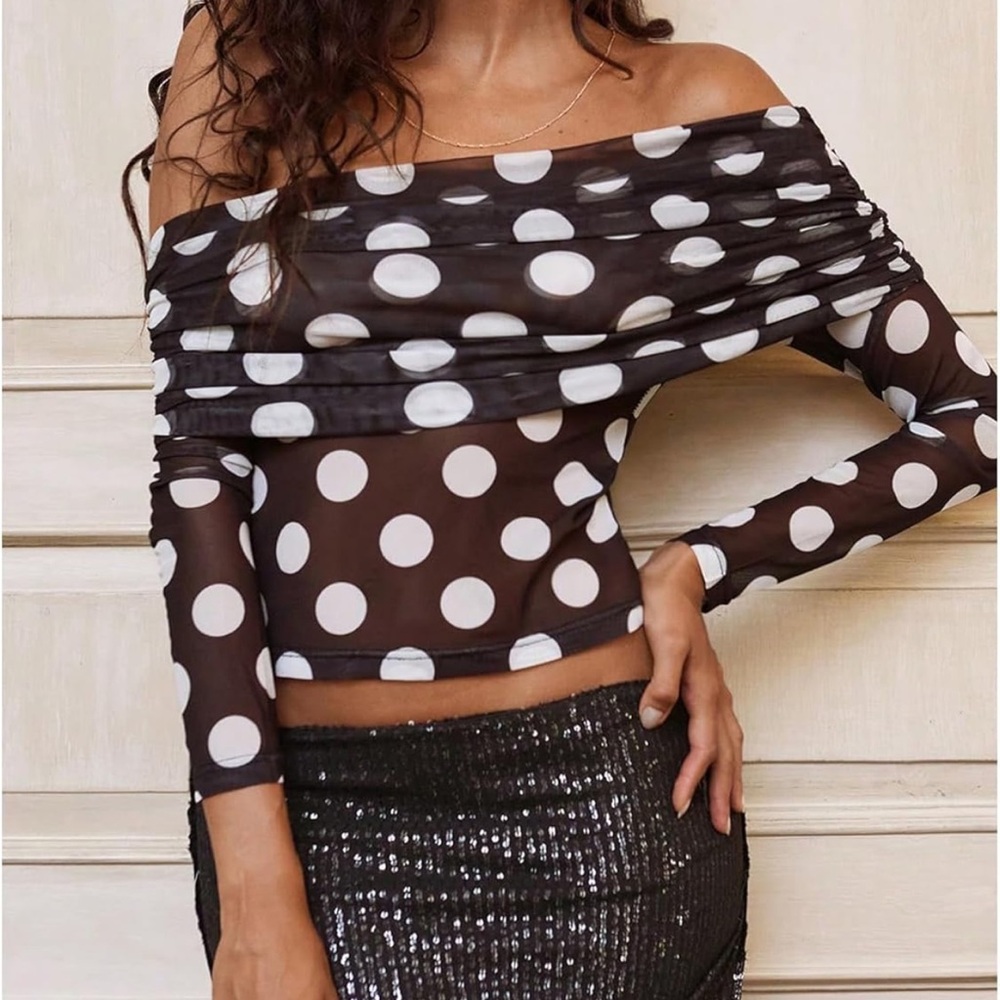 Black and White polka dot& sheer off the shoulder ruched long sleeve